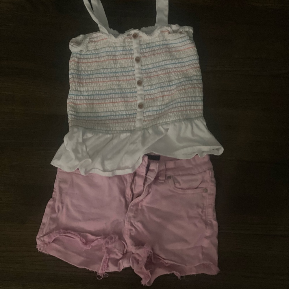 Old Navy Kids White Rainbow Striped Ruffle Top and Pink Shorts Set